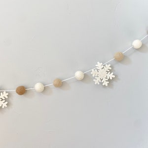 Customizable Snowflake Felt Ball Garland - Wool Felted Snow Flake Banner - Holiday Mantel Bunting - Christmas tree trimmings - All Neutrals