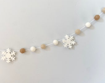 Customizable Snowflake Felt Ball Garland - Wool Felted Snow Flake Banner - Holiday Mantel Bunting - Christmas tree trimmings - All Neutrals
