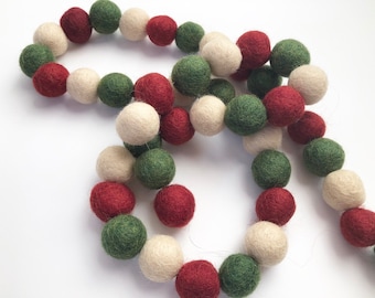 Customizable Christmas Felt Ball Garland - Cranberry Red Dark Green Cream - Deep Tone Holiday Decor - Xmas Tree 2.5 cm Pom Garland Trimming