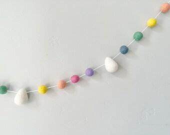Customizable Easter Egg Garland - Soft Rainbow Felt Ball Mantel Banner - Spring Bunting Party Decor - Wool Felted Eggs Poms on Bakers Twine