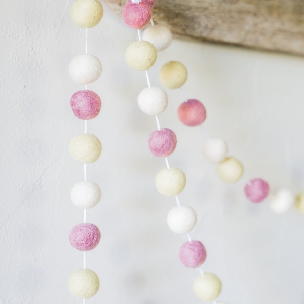 Custom Felt Ball Garland - Pink Lemonade Summer Birthday Banner - Tier Tray Decoration - Soft Pink Yellow Nursery Wall Decor - Bakers Twine