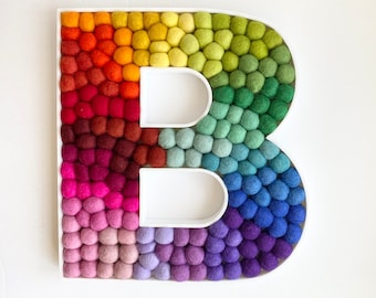 Customizable - 3 Sizes - Felt Ball Letter B Wall Hanging or Shelf Sitter - Customizable Kids Initials or Nursery Name Sign - Rainbow Ombre
