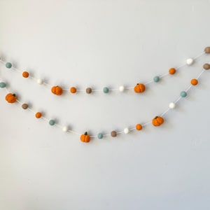 May include: A garland with felt orange pumpkins and white, gray, and brown pom poms. The garland is strung on white thread.
