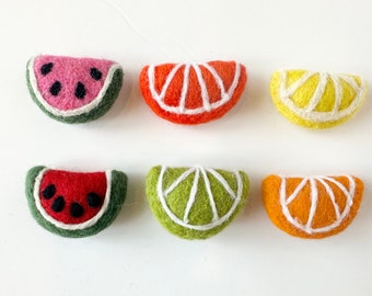 6 cm Felt Fruit Slice - Handmade Wool Felted Watermelon, Orange, Lime, Lemon Slices - DIY Garland Craft - Loose Shape Pom for Summer Decor