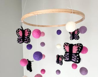Customizable Butterfly Ceiling Mobile - Girls Nursery Decor - Custom Kids Room Art - Pink & Purple Butterflies and Felt Ball Ceiling Hanging