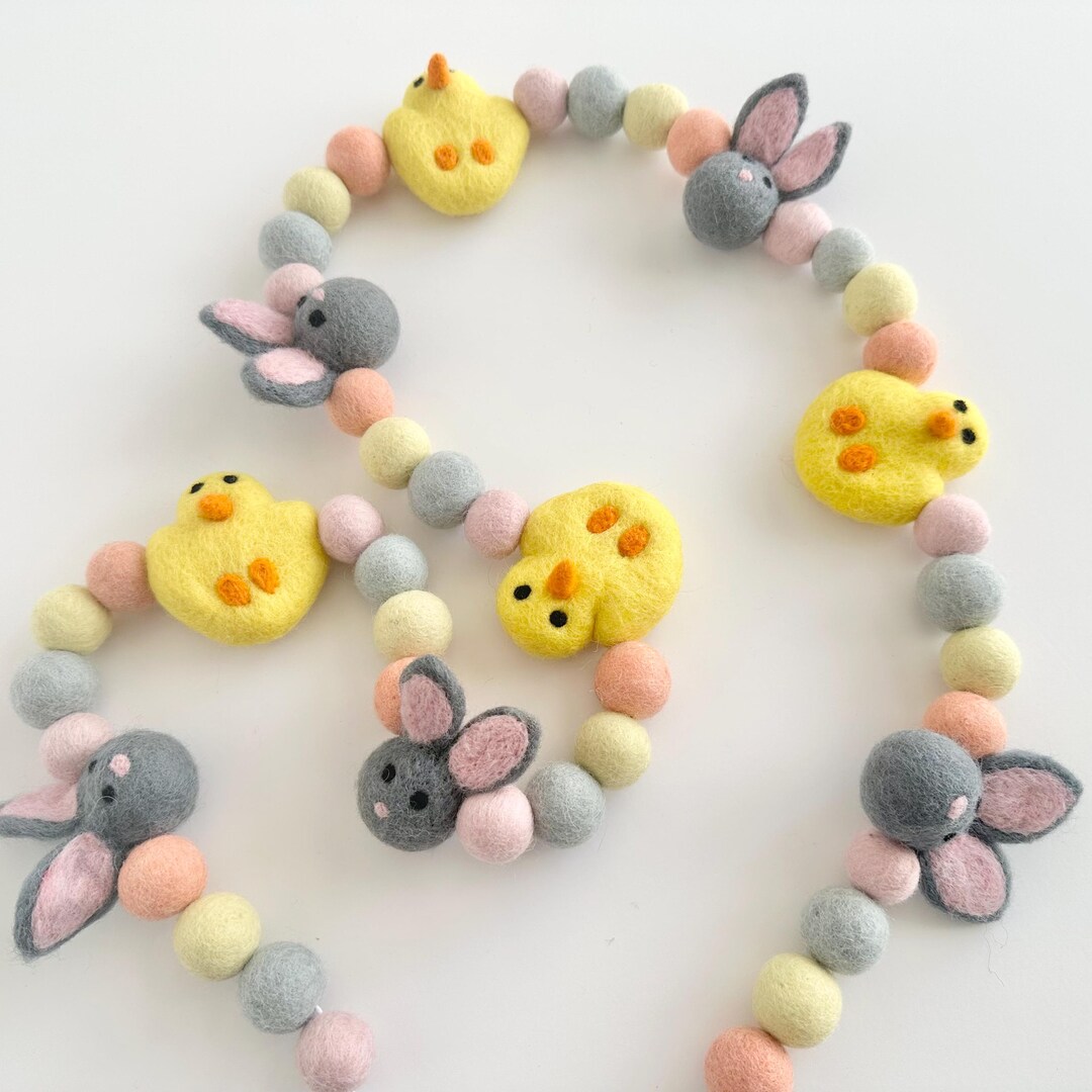 Customizable Chick & Gray Bunny Garland - Easter Felt Ball Mantel ...
