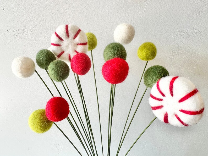 May include: A bouquet of felt ornaments in the shape of candy canes and balls. The ornaments are in shades of red, white, and green and are attached to thin green stems.