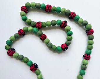 Customizable Lady Bug Garland - Red Polka Dot Bug in Green Grass - Felt Ladybug Bunting - Spring & Summer Wool Decor - Kids Birthday Banner