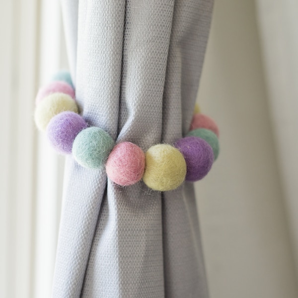 Custom Pastel Curtain Tie Backs - Felt Ball Curtain Ties - Neutral Baby Nursery Decor - Set of Girly Drape Pull Backs for Baby Shower Gift