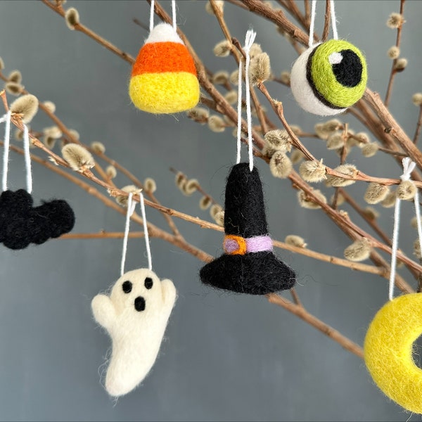 Felt Halloween Ornaments - Candy Corn, White Ghost, 3 Colors of Eyeball, Black Bat Wool Felted Ornament - Loose Shaped Pom for Fall Decor