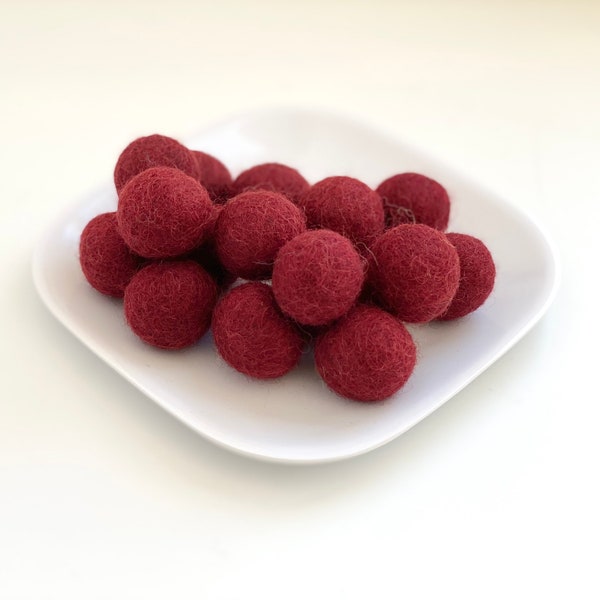 Cranberry Red Felt Balls - 2.5 cm felted wool balls for holiday crafting - Wholesale Bulk Felt Balls - DIY Nursery Garland - Wool Poms Only