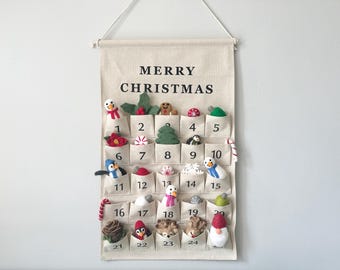 Felted Ornament Christmas Countdown Calendar - Felt Holiday Ornament Set - MERRY CHRISTMAS hanger - Gingerbread, Snowman, Santa, Candy Cane