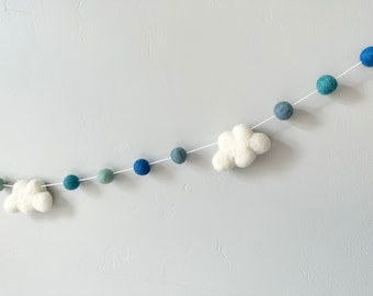 Customizable Cloud Garland - Blue Sky Themed Felt Ball Mantel Banner - Spring or Summer Bunting Party Decor - Solid Wool Felted Pom Clouds