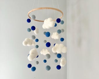 Customizable Blue Sky Ceiling Mobile - Cloudy Weather Themed Nursery - Custom Kid Room Pom Decor - White Clouds w/ Shades of Blue Felt Balls