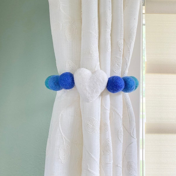 CUSTOMIZABLE White Heart Curtain Tie Backs - Felt Ball Curtain Tie - Ombre Blue Baby Nursery Decor - Gradient Shades of Blue Heart Pull Back