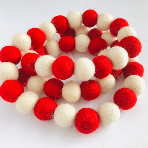 Customizable Red & White Felt Ball Garland - Custom Pom Valentine/Christmas Party Garland - Holiday Mantel Banner - Free Bakers Twine Option