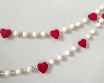 Custom Wool Heart Garland - Red & White Felt Ball Valentines Day Bunting - Felted Seasonal Love Banner - Bold Crimson Sweetheart Wall Decor