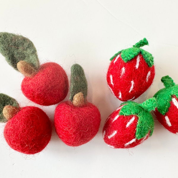 Red Strawberry or Apple Felt Fruits - Bright Wool Felted Strawberries or Apple w/ Leaf & Stem - DIY Garland Craft - Loose Shape or Ornament