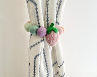 Customizable Soft Pink Strawberry Curtain Tie Backs - Felt Ball & Berry Ties - Pastel Rainbow Kids Decor - Felted Fruit w/ Poms Drapery Pull