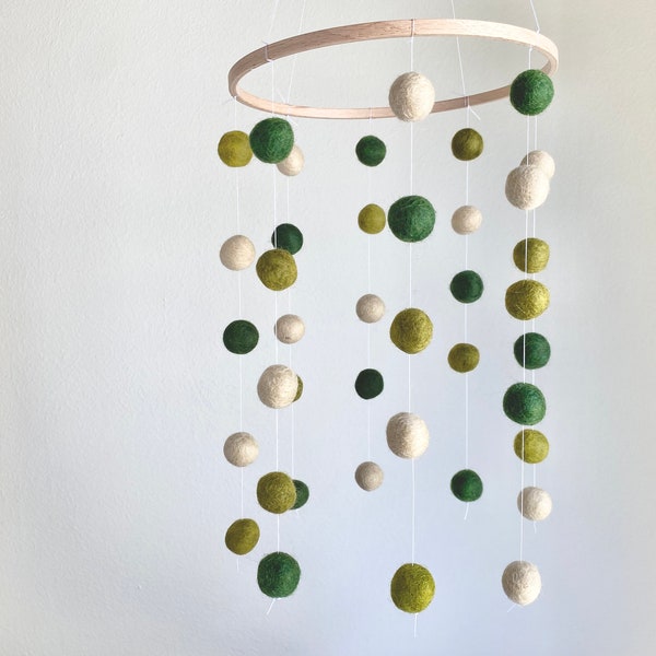 Customizeable Felt Ball Ceiling Mobile - Shades of Green & Cream Forest Nursery Art - Woodland Boy Room Decor - DIY Kit for Baby Shower Opt.