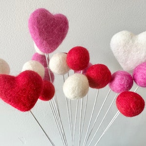 Felted Hearts & Felt Ball Flower Bouquet - Valentine's Day Tiered Tray Stems - Custom Billy Button VDay Decor - White or Green Bendy Stems