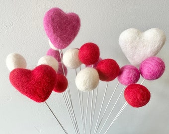 Felted Hearts & Felt Ball Flower Bouquet - Valentine's Day Tiered Tray Stems - Custom Billy Button VDay Decor - White or Green Bendy Stems