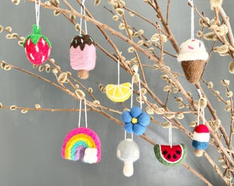 Felted Summer Ornaments - Ice Cream, Popsicle, Flower, Fruit, Baseball Wool Ornament - Summery 4th of July Decor - Sold Individually