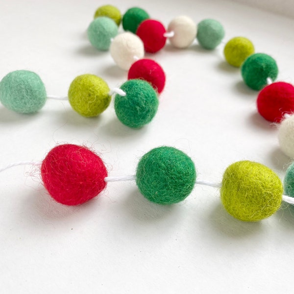 Customizable Whimsical Holiday Felt Ball Garland - Wool Pom 50’s Christmas Tree Trimming Bunting - Lime Turquoise Red Emerald Mantel Banner