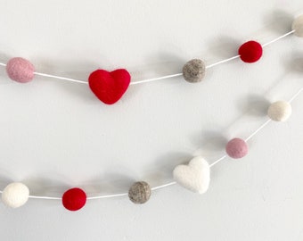 Customizable Wool Heart Garland - Red Heather Gray Baby Pink White Felt Ball Valentine Day Bunting - Felted Seasonal Class Banner Wall Decor