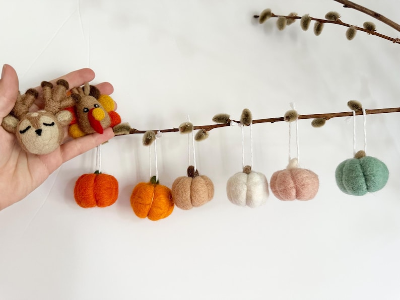 May include: A garland of felt ornaments featuring a deer, a turkey, and six pumpkins in various colors, including orange, brown, white, and green. The ornaments are strung on a branch with white twine.