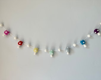 Customizable 7 Rainbow Mushrooms Garland - Bright Summer Fungi & Felt Ball Bunting - Seasonal Woodland Banner - Felted Wool Kids Wall Decor