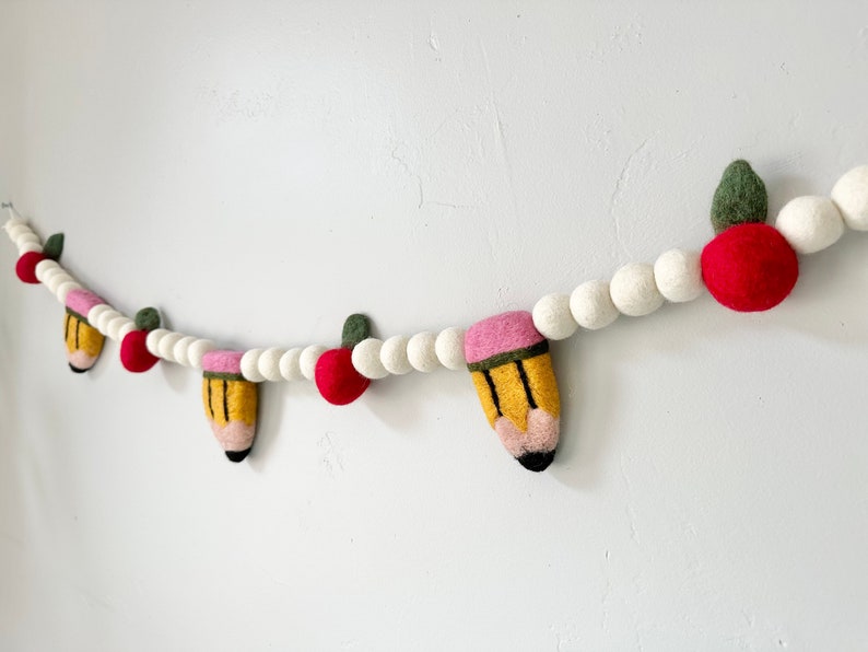 Customizable Pencil & Apple Garland - Back to School Felt Ball Banner - Classroom Party Decor - Wool Felted New Teachers Christmas Gift image 5