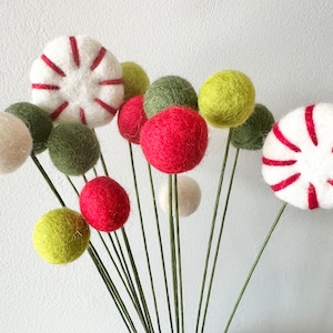 Felted Peppermints & Felt Ball Flower Bouquet - Holiday Candy Tiered Tray Stems - Customized Billy Button Xmas Decor - White or Green Stems