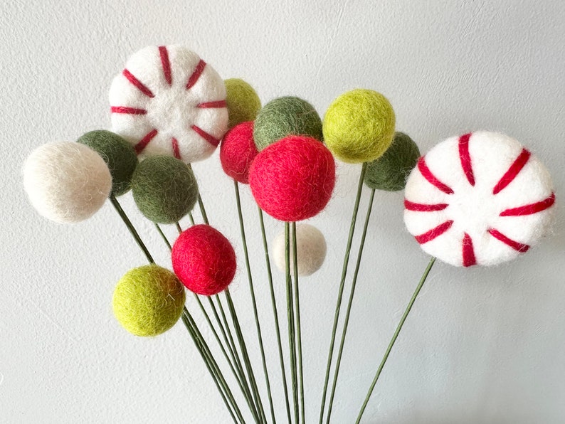 Felted Peppermints & Felt Ball Flower Bouquet Holiday Candy Tiered Tray Stems Customized Billy Button Xmas Decor White or Green Stems 画像 1