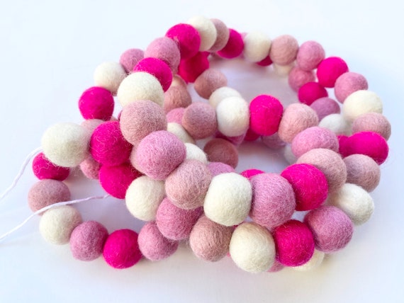 Custom Shades of Pink Felt Ball Garland - 2.5cm Pom Banner for Kid Room Decor - Bright Pinks Nursery Wall - Girls Birthday Party Wool Banner