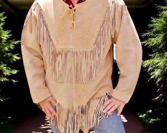 Camisa masculina de camurça com franjas | Camisa com franjas inspirada no estilo western indígena | Jaqueta estilo rodeio vintage