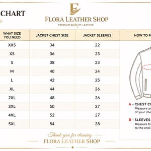 May include: A Flora Leather Shop size chart for jackets, featuring a table with columns for actual chest size, jacket size, chest size, and sleeve length in inches. A line drawing of a jacket illustrates how to measure chest circumference and sleeve length.
