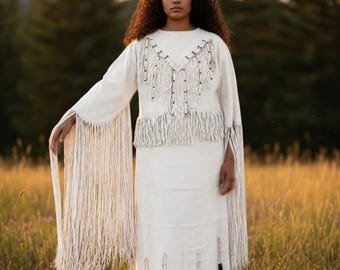 Vestido de couro para Powwow, vestido feminino de couro com franjas, traje inspirado na cultura indígena, vestido tradicional para dança Powwow, vestido com franjas no estilo faroeste