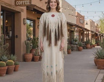 Vestido de Noiva Western Feminino - Vestido Branco com Franjas Nativas - Vestido com Franjas de Crina de Cavalo - Vestido Boho Branco com Franjas - Vestido Feminino em Camurça