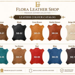 May include: A leather color catalog from Flora Leather Shop featuring ten hide-shaped swatches labeled SB-01 through SB-10. Colors include brown, black, cone brown, reddish brown, beige white, teal, tan brown, red, blue, and dark brown.