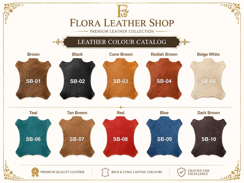 May include: A leather color catalog from Flora Leather Shop featuring ten hide-shaped swatches labeled SB-01 through SB-10. Colors include brown, black, cone brown, reddish brown, beige white, teal, tan brown, red, blue, and dark brown.