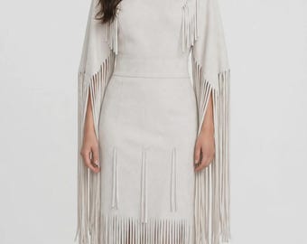 Vestido branco com franjas estilo western - Vestido branco simples com franjas - Vestido minimalista estilo nativo americano branco - Vestido branco boho estilo western - Presente para ela