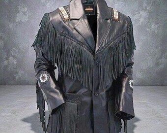 Jaqueta masculina de couro com franjas estilo western, jaqueta de cowboy preta, casaco masculino com franjas, jaqueta de rodeio estilo western, jaqueta de couro vintage estilo motociclista