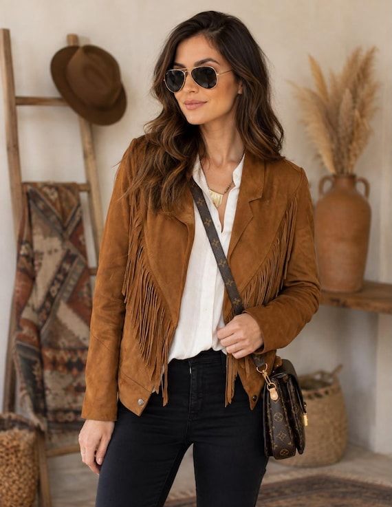 Women’s Brown Suede Fringe Jacket | Western Leather Fringe Jacket | Boho Cowgirl Jacket | Handmade Suede Coat