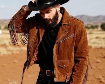 Jaqueta Cowboy de Camurça Marrom com Franjas, Casaco de Couro Masculino Estilo Motoqueiro Western, Jaqueta de Estilo Vintage
