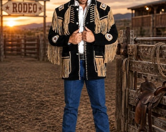Jaqueta masculina preta estilo western com franjas, casaco de couro estilo cowboy/rodeio, roupa vintage de cowboy/cowgirl