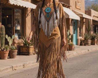 Vestido feminino marrom-claro de camurça com franjas, estilo western com aplicações de miçangas, modelo boho de manga comprida, ideal para powwows.