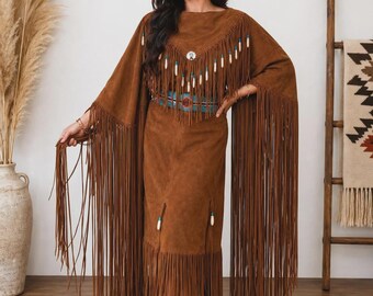 Vestido feminino marrom com franjas para powwow | Vestido com franjas inspirado na cultura indígena | Vestido de camurça estilo western com franjas | Vestido tribal feminino | Vestido boho western