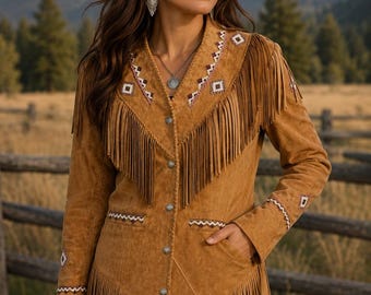 Jaqueta estilo country feminina com bordados artesanais em miçangas, jaqueta de vaqueira com franjas, casaco de rodeio estilo country, casaco boho com franjas.