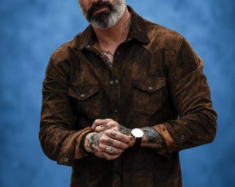 Jaqueta camisa masculina de couro camurça marrom, estilo cowboy ocidental, sobrecamisa de couro vintage